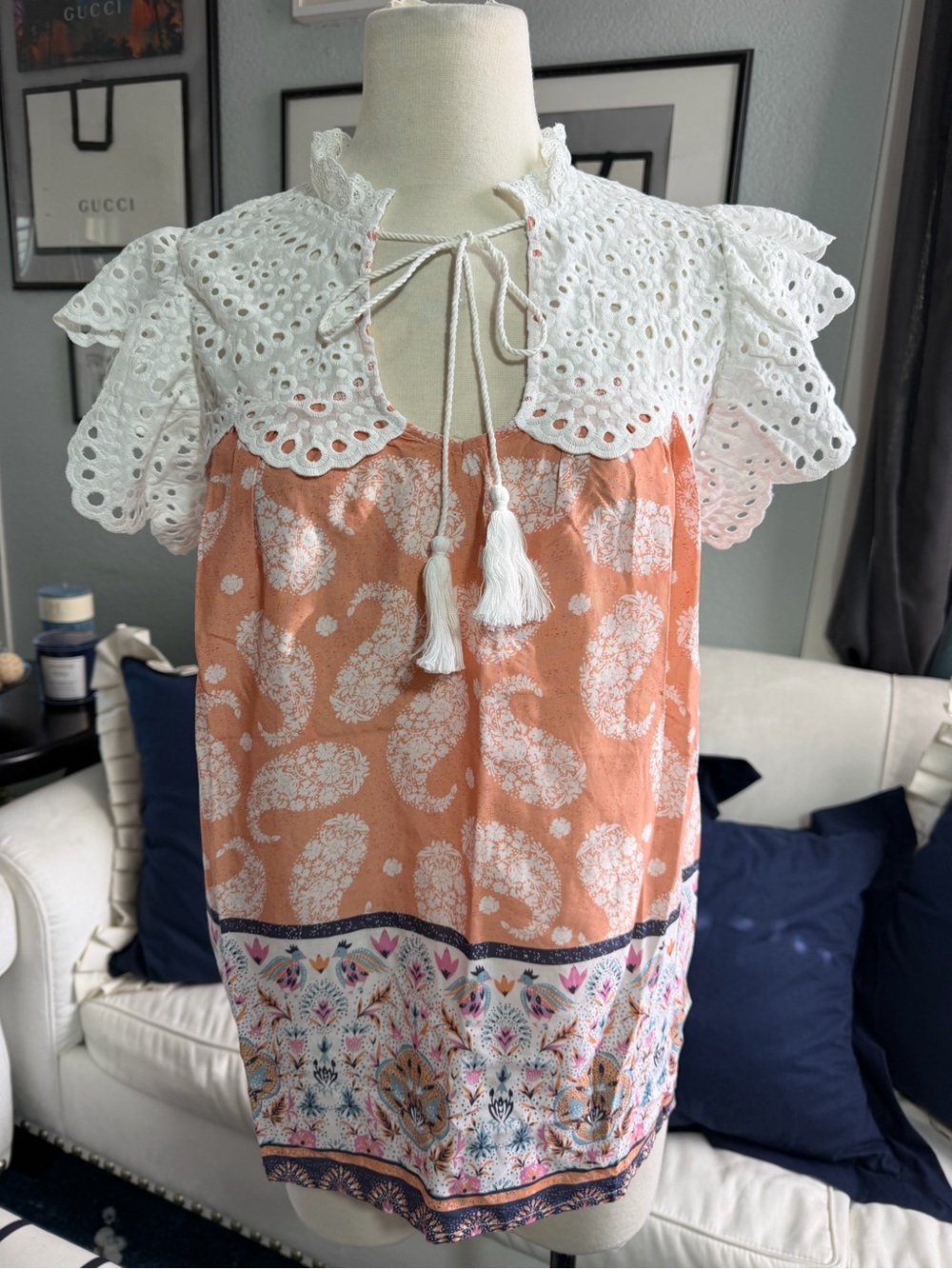 Mazik Peach Paisley Tassel Tank with White Eyelet Collar